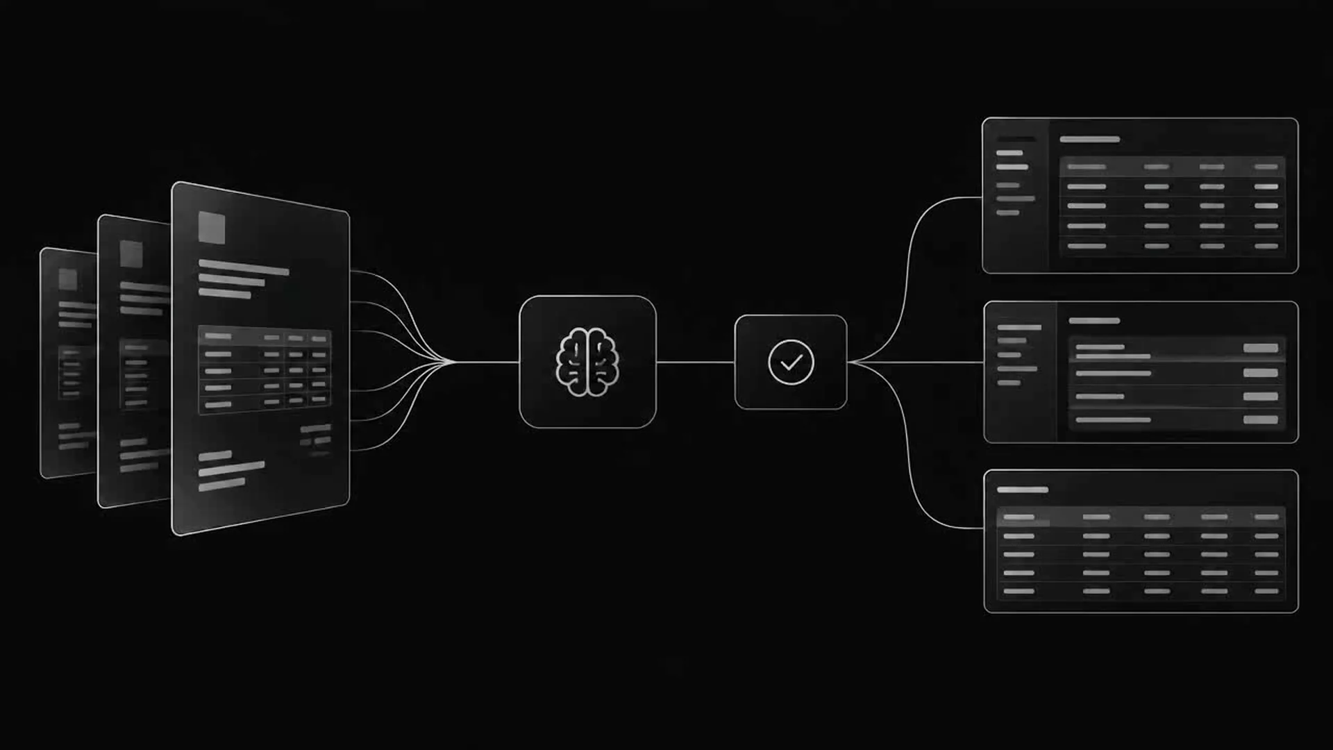 Documents carrying validation marks, moving through a processing flow